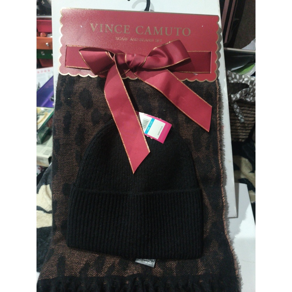 Vince Camuto Beanie Hat and Scarf Gift Set, Animal Print Black Beanie 2 Pc NWT